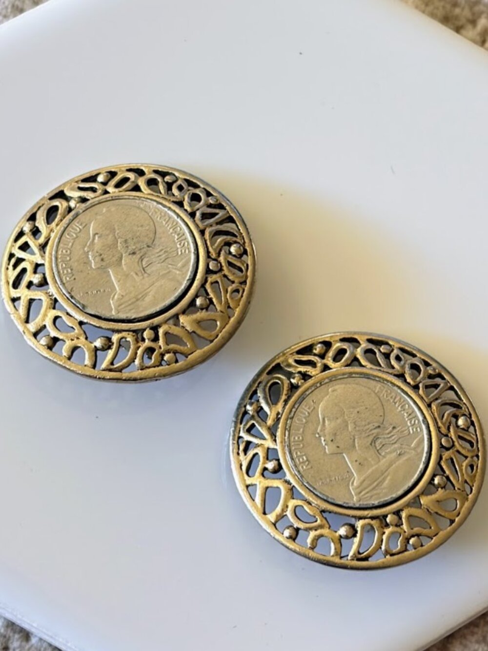 Vintage French Coin Clip On Filigree Earrings Mixed Metal Gold and Silver - Picture 1 of 6